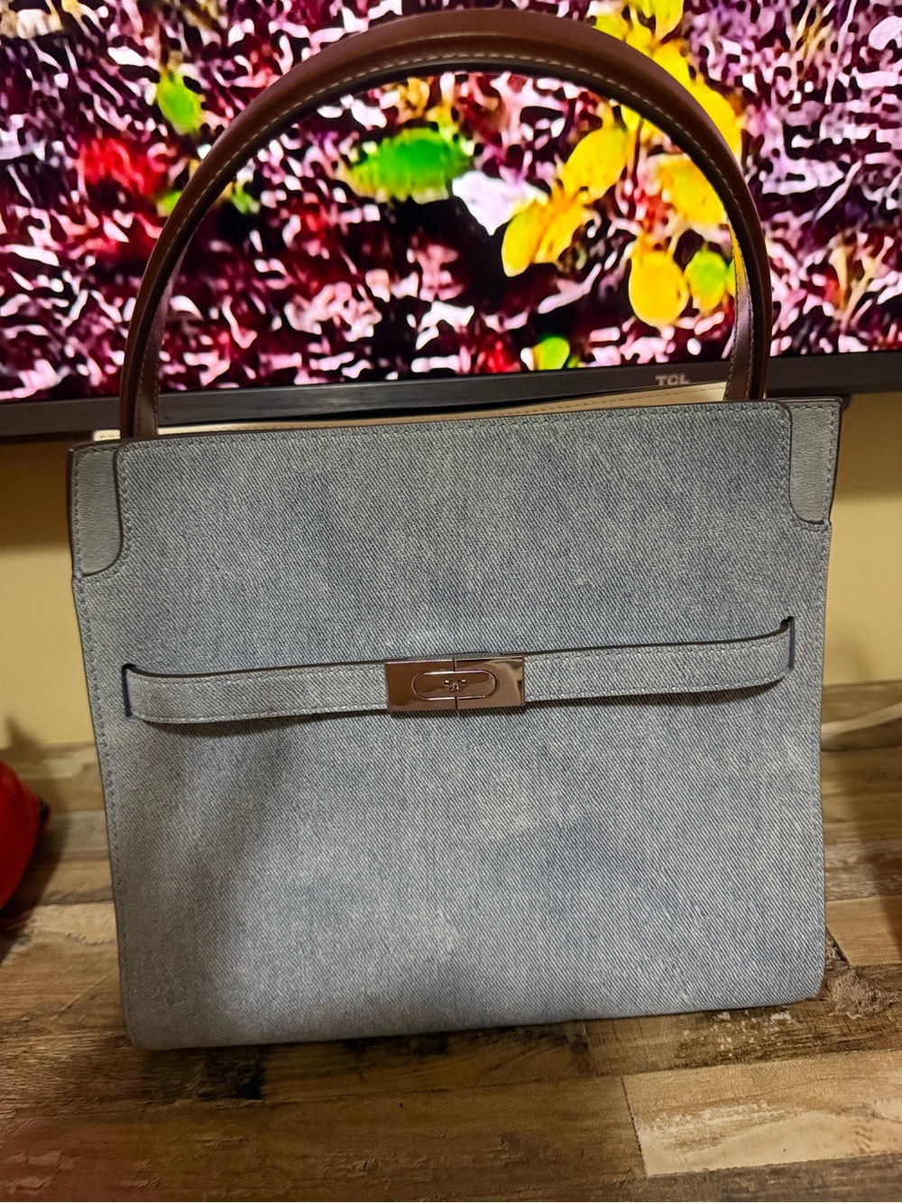 Tory Burch Light Blue Denim Shoulder Bag with Brown Handle